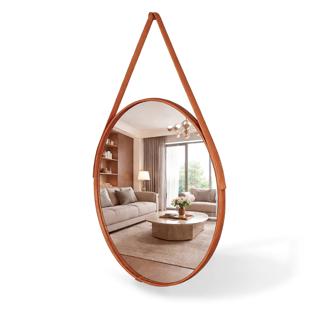 Espelho Redondo Decorativo Adnet Alça Couro Suporte 60cm Sala Quarto Banheiro — imagem 1