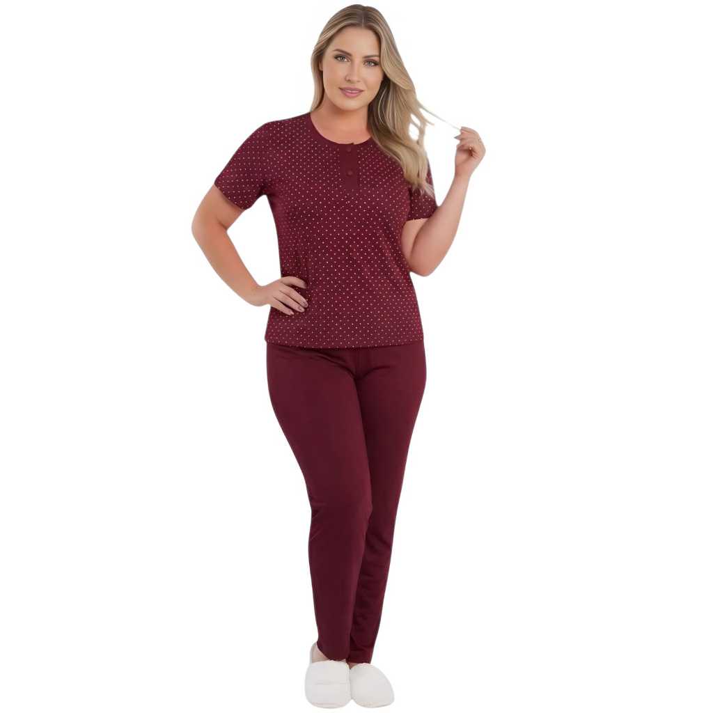 Pijama Adulto Botão Meia Manga Calça Roupa Dormir Feminina