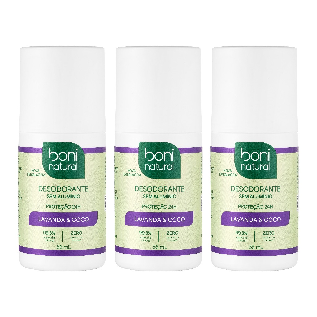 Kit 3 Desodorantes Roll-On Lavanda e Coco 55ml Boni Natural