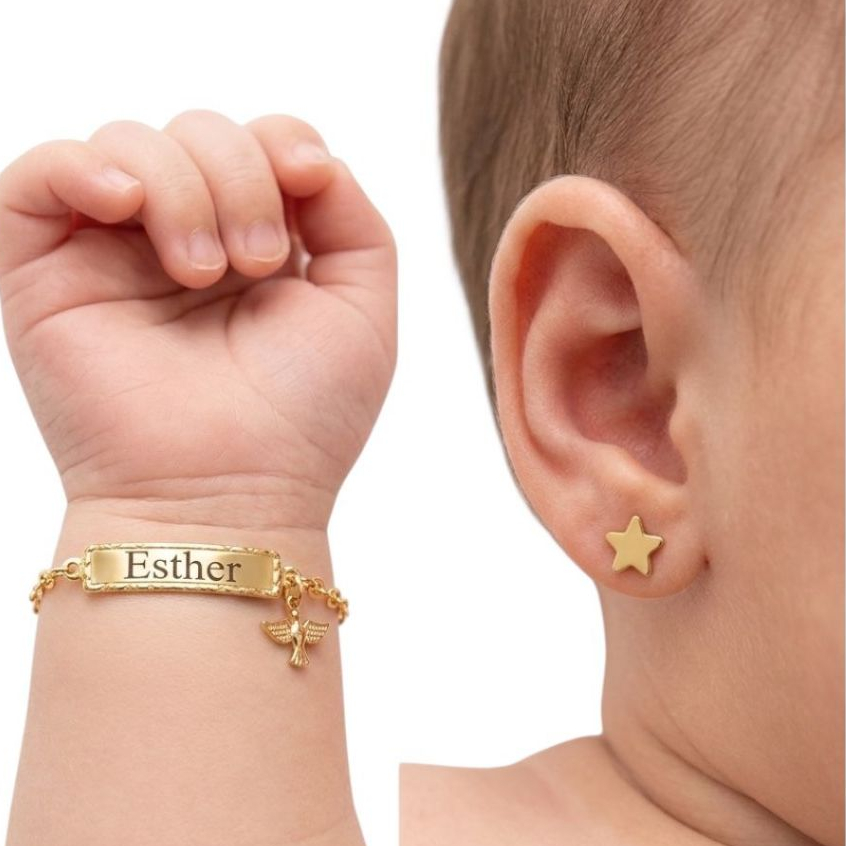 Pulseira Infantil Bebê / Recém Nascido Personalizado com nome Banhada a Ouro 18K + Brinco Baby Menina Semijoia