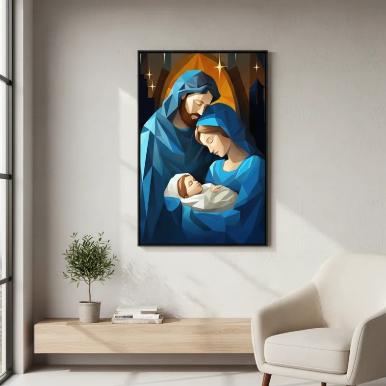 Quadro Religioso Arte Sacra Geométrico Cristão Imagem Sagrada Família Canvas 60x40