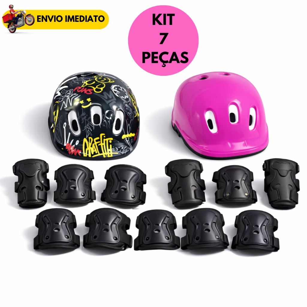 Kit Proteção Infantil 7 peças Capacete Joelheira Cotoveleira Patins Bike Bicicleta Skate
