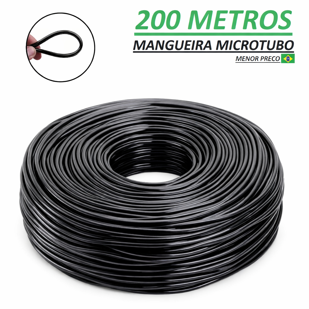 Mangueira Microtubo 200 Metros 1/4 Para Irrigação e Aspersão Flexível Plantação - 6mm Externo x 4mm