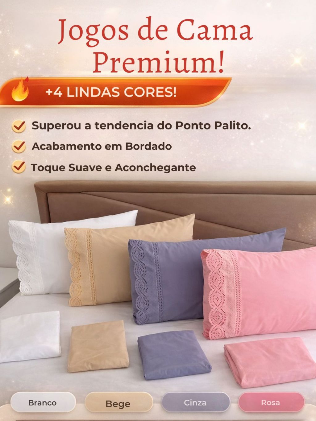 Kit Jogo de Lençol Cama Box Casal Queen 400 fios Toque Macio com Fronhas Bordada e Ponto Palito