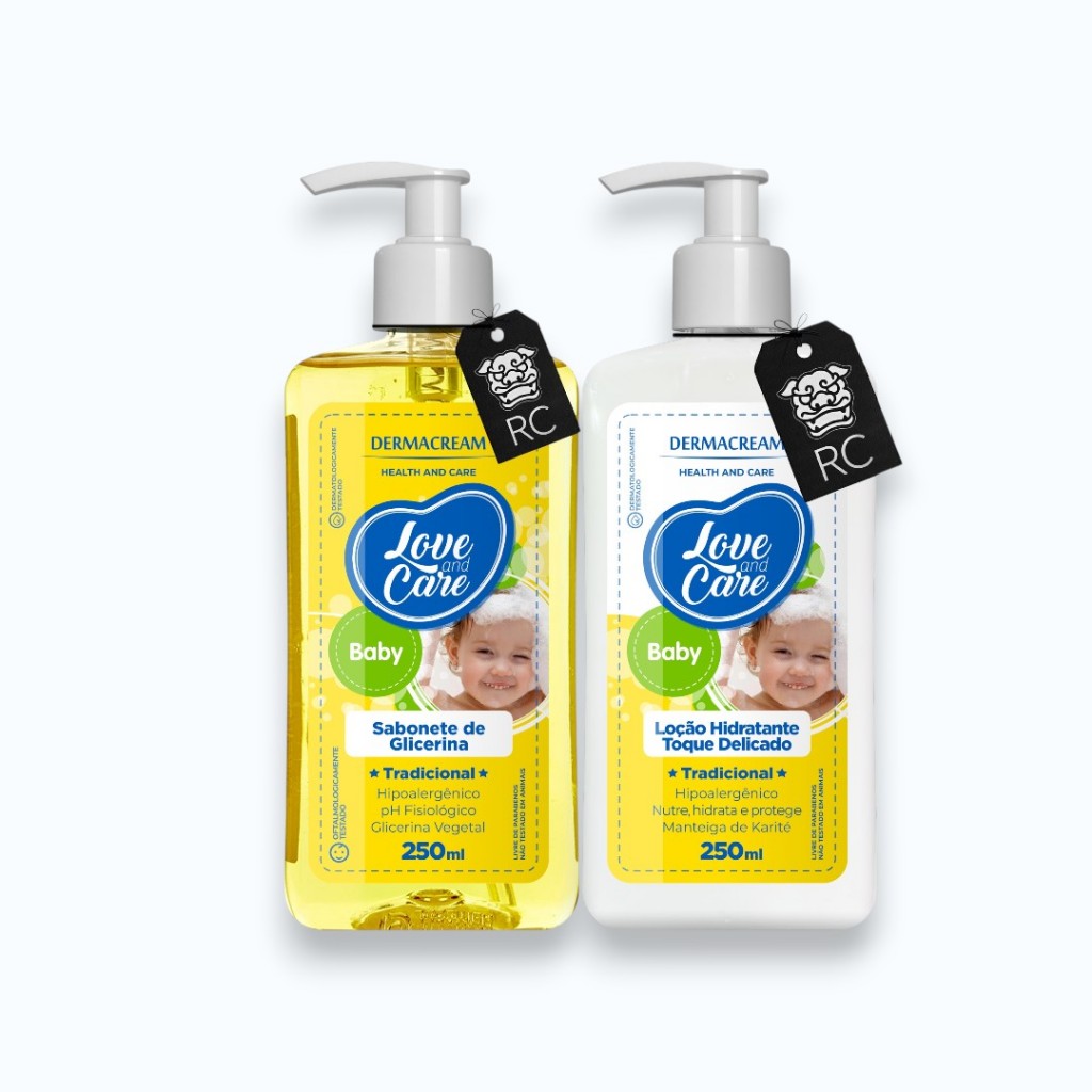 Kit Dermacream Love and Care Baby Sabonete Glicerina + Loção Hidratante 250ml Hipoalergênico Infantil