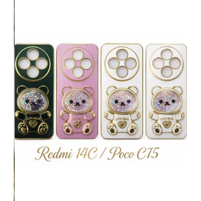 Capa capinha 3D Cute Bear  para Xiaomi Redmi 14C / Poco C75 – Antichoque Premium com Detalhes Dourados e Glitter Móvel