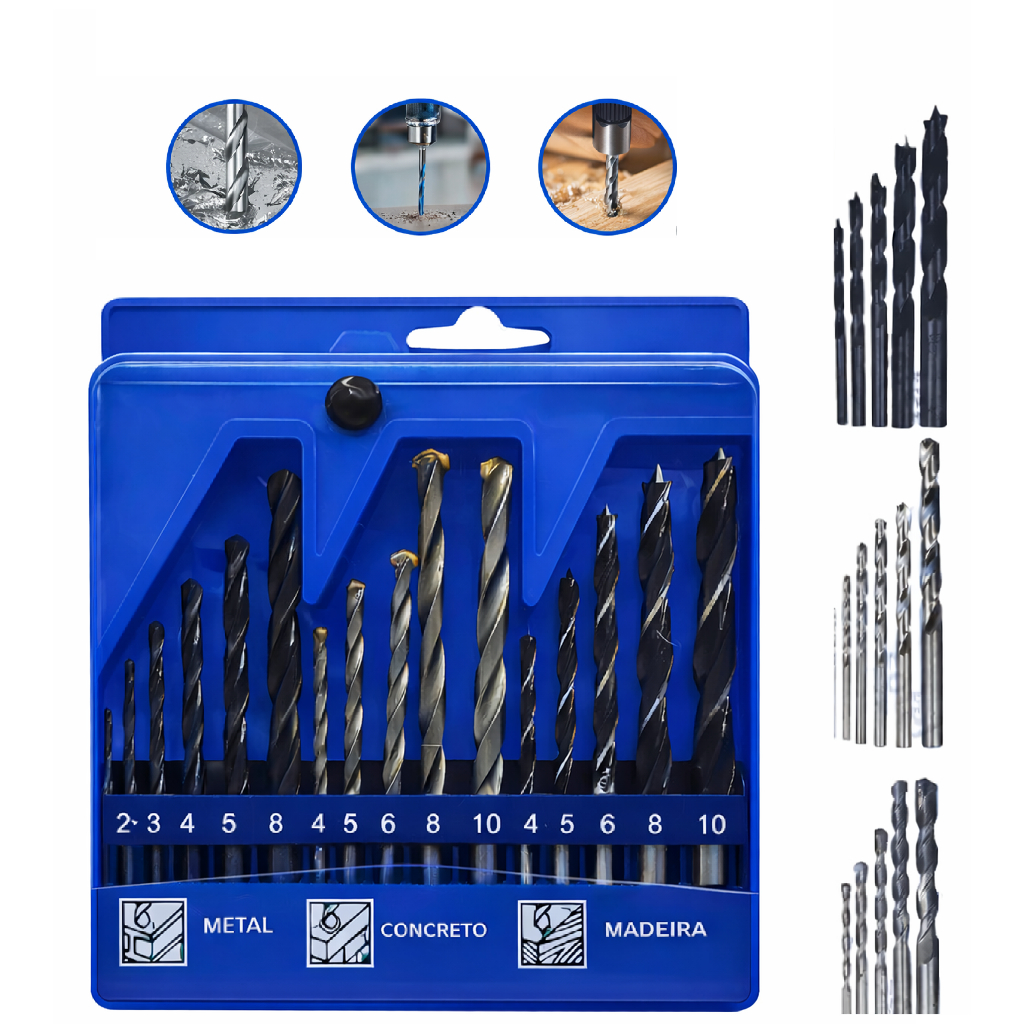Jogo de Brocas 16 Peças com Estojo para Madeira, Metal e Alvenaria – NEOS HSS Aço Rápido (4241) ou Classic por R$ 22,80