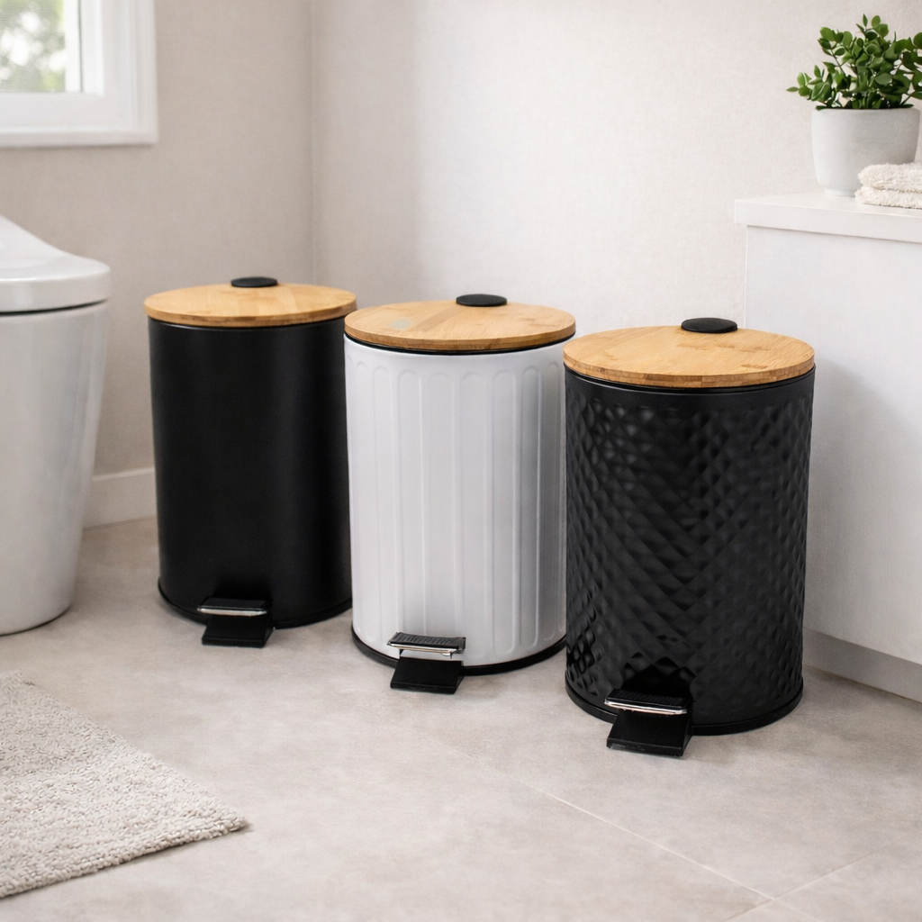 Lixeira 5 Litros Banheiro Tampa Bambu Inoxidável com pedal e cesto removível