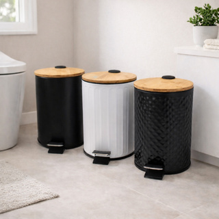 Lixeira 5 Litros Banheiro Tampa Bambu Inoxidável com pedal e cesto removível em Oferta na Shopee