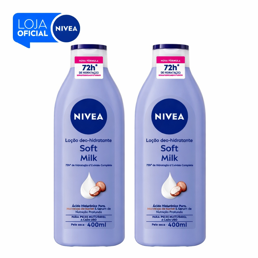 KIT NIVEA Loção Hidratante Desodorante Soft Milk 400ml - 2 unidades BBB 26 em Oferta na Shopee