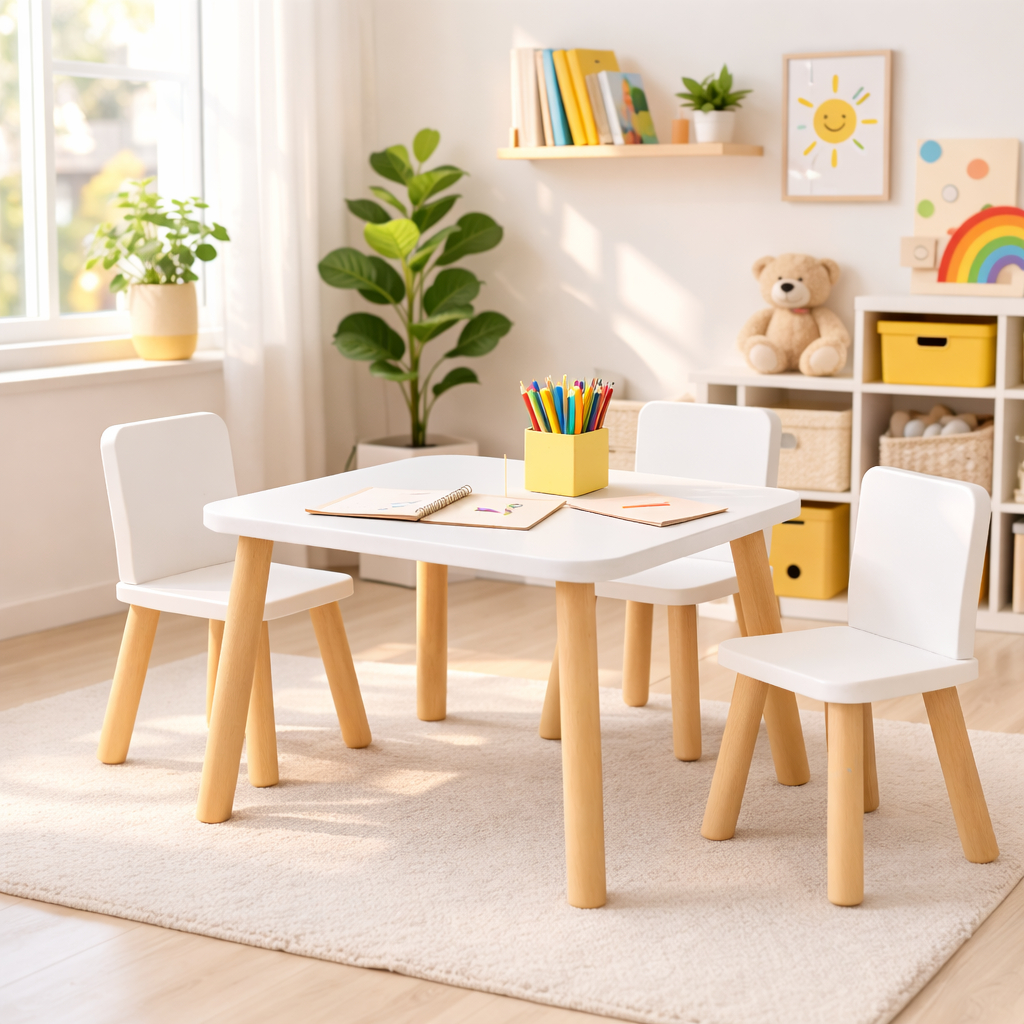 Mesa Infantil MDF + 3 Cadeiras Kids Montessori Didática Pés Madeira Pinus Branco Seguro