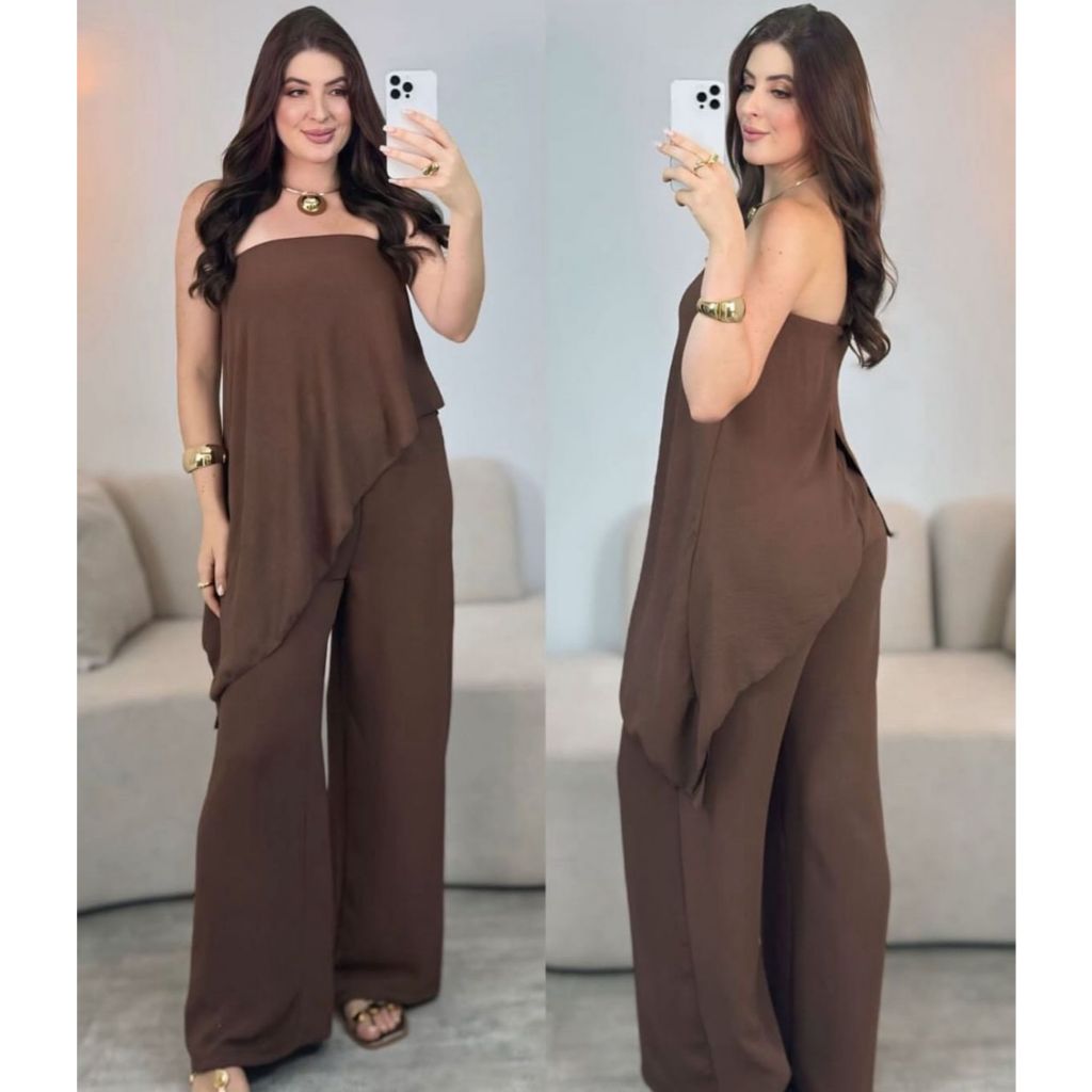 Macacão pantalona longo feminino assimétrica tomara que caia elegante para toda ocação tecido duna premium