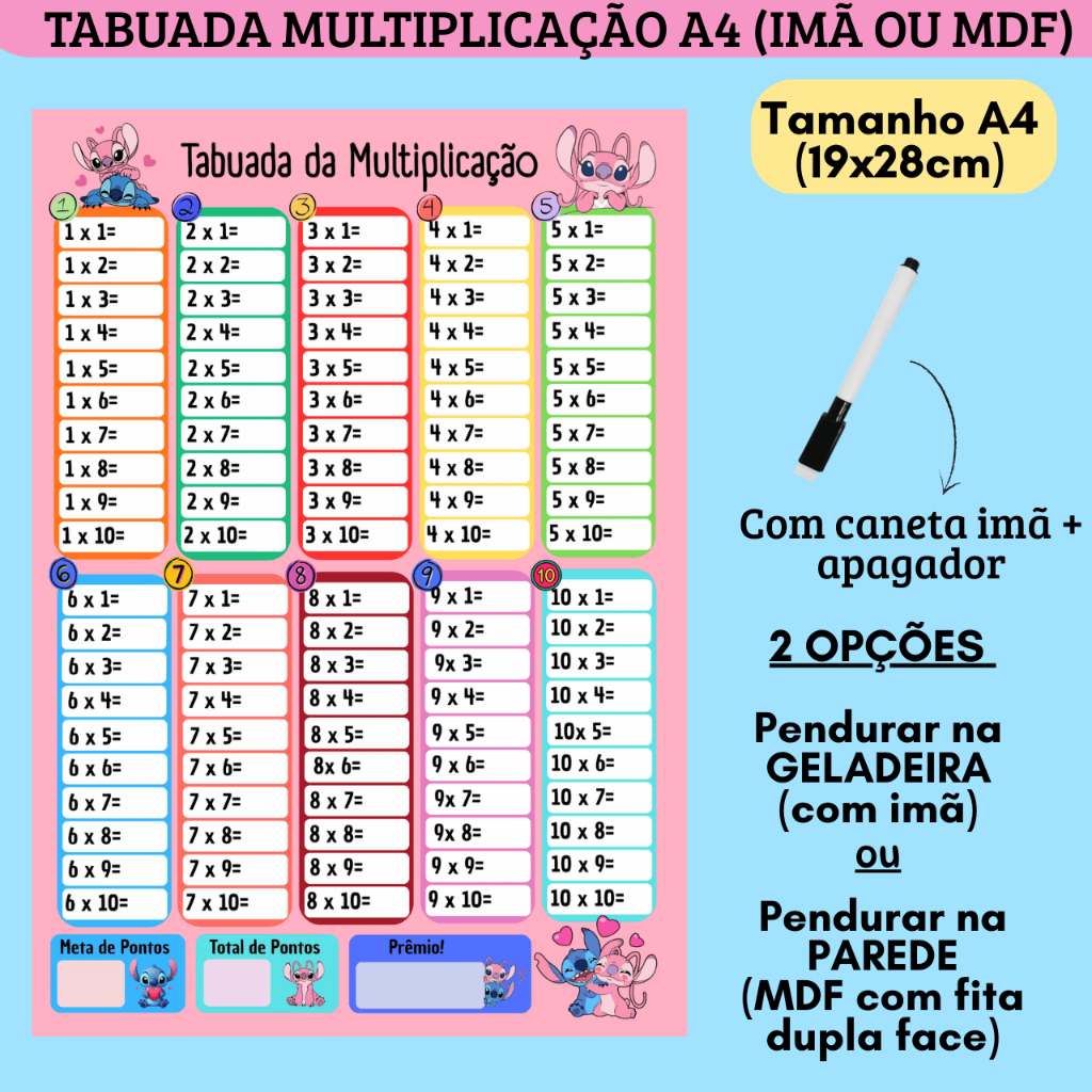 Tabuada Multiplicação IMÃ ou MDF Stitch Angel A4 19x28cm + Caneta apagador imã