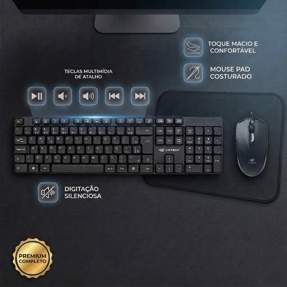 Kit Teclado Mouse e Mouse Pad C/ Fio USB - Resistente e Alta Qualidade - C3Tech K-M10BK / MS-31BK