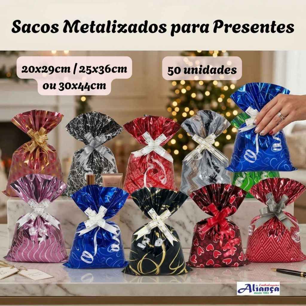 50 Sacos Metalizados para Presente em BOPP Aliança Embalagens para presente em Oferta na Shopee