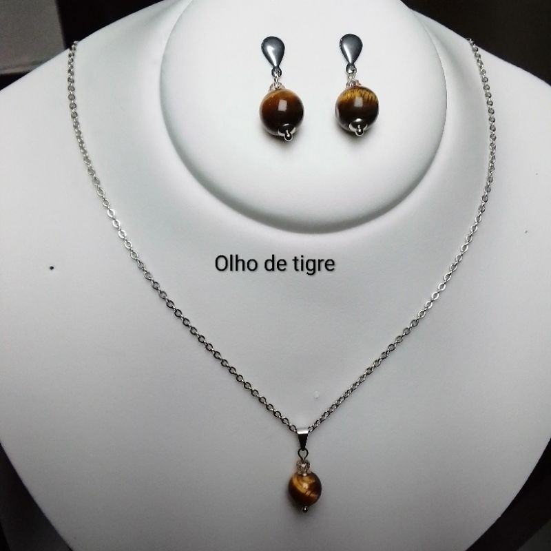 Conjunto Colar e Brinco Aço Inox Pedra Natural Estilo Boho Chic Semijoia Feminina, antialérgico.