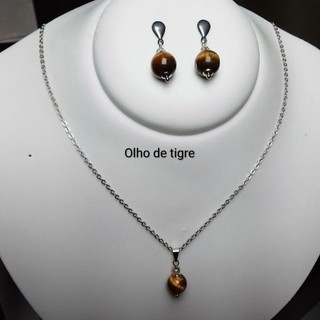 Conjunto Colar e Brinco Aço Inox Pedra Natural Estilo Boho Chic Semijoia Feminina, antialérgico.