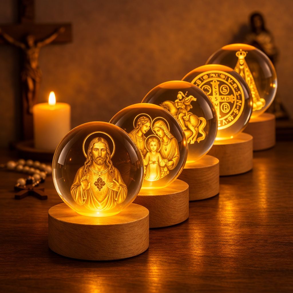Luminária LED 3D Vidro Globo Aparecida Jesus Bivolt Mesa Decorativa Religiosa 6cm