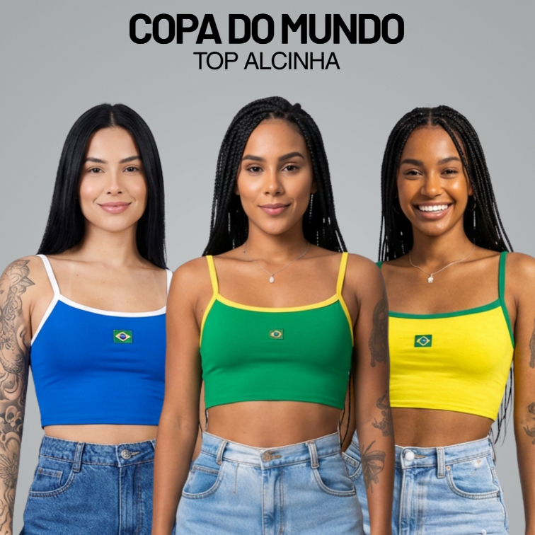 Top Alcinha Brasil Suplex Cropped Não Transparente Copa Do Mundo Feminino Premium P M G GG