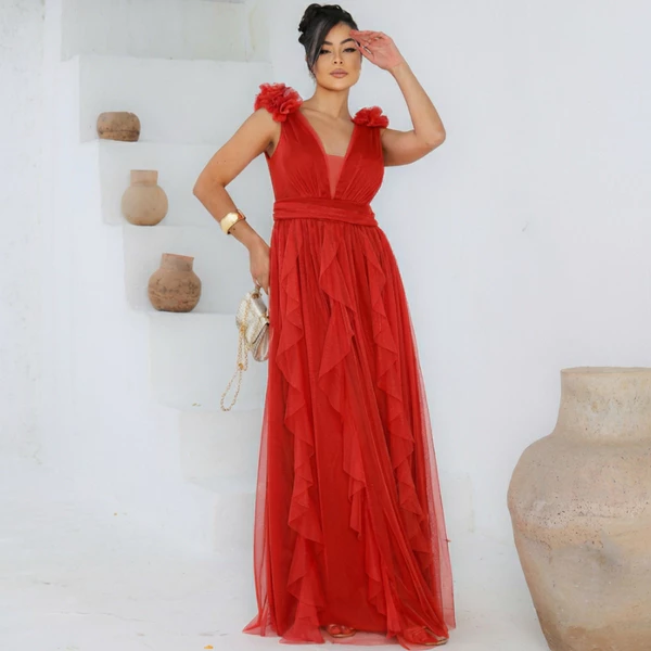 Vestido feminino Longo de Festa Tule Claro Decote V Alça com Flor Madrinha Formatura Casamento Luxo