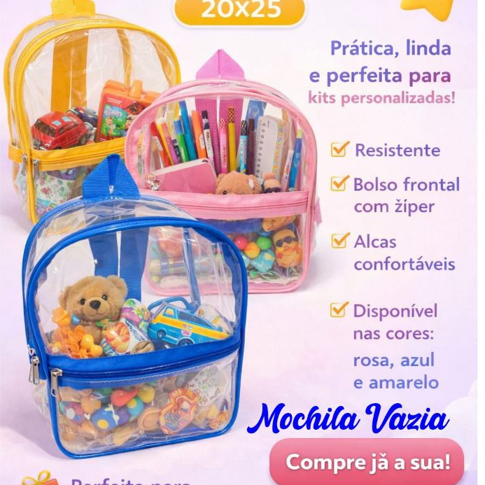 Mochilinha Cristal Infantil 20x25 Kit com 10 15 20 25 Unidades | Lembrancinha Festa Aniversário Atacado