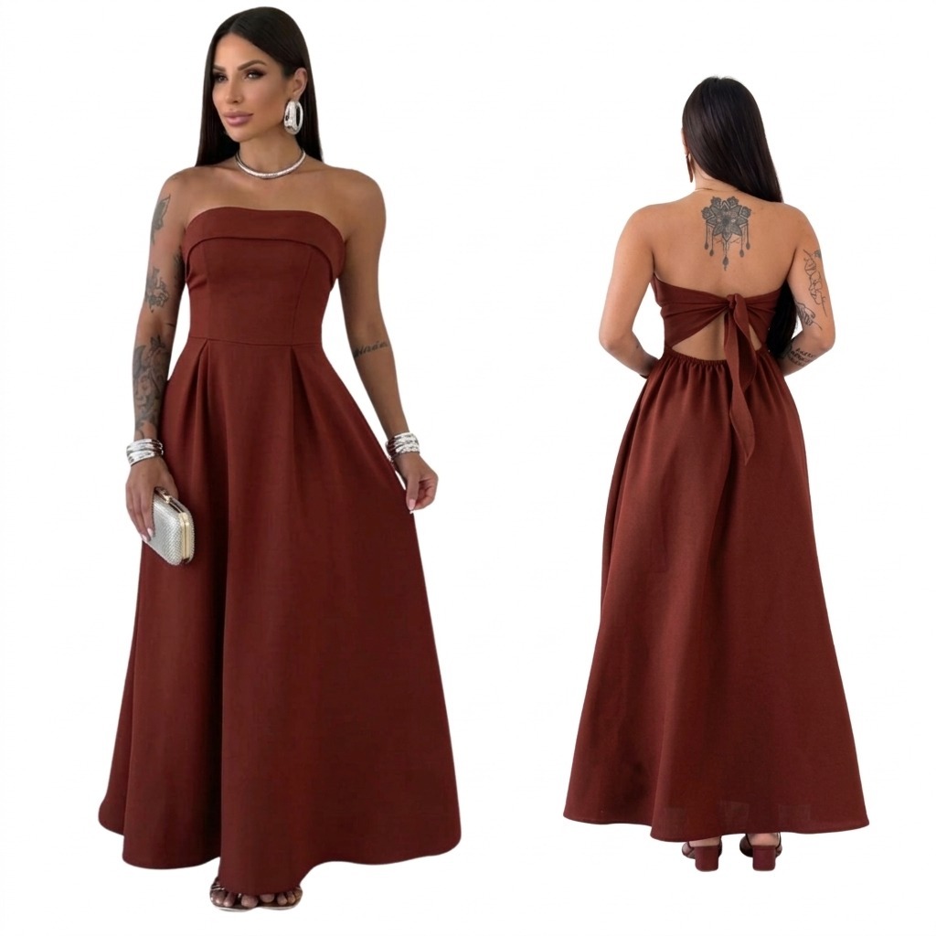 Vestido Longo Tomara que Caia Feminino | Alfaiataria Premium | Laço nas Costas | Elegante para Festa, Casamento