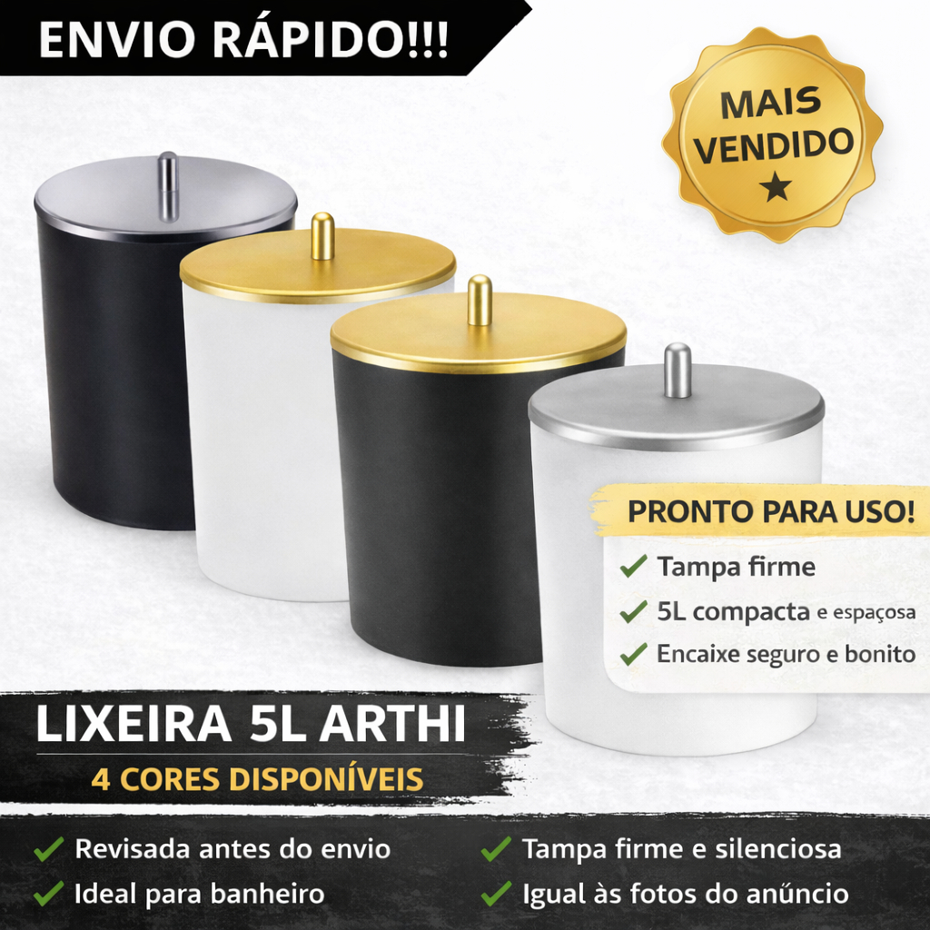 Lixeira para Banheiro Lixeira para Cozinha Lixeira para Escritório 5L Tampa Inox arthi