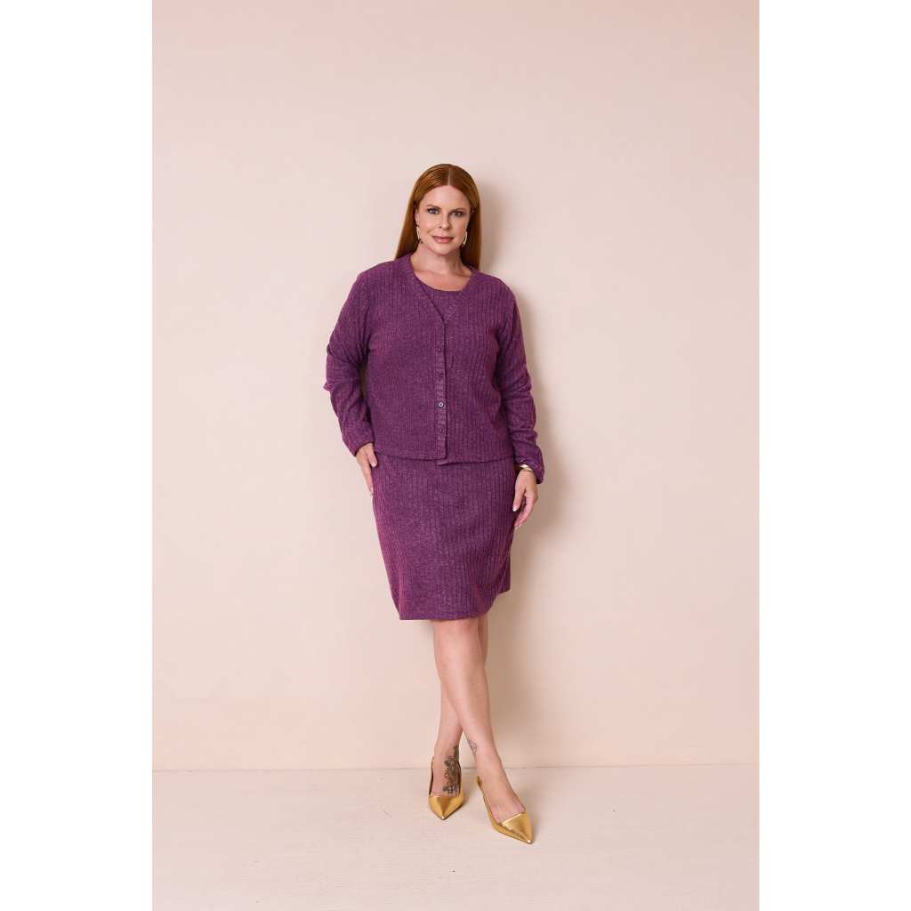 Conjunto Grazi  Plus Size Vestido Midi e Casaco Malha Confort