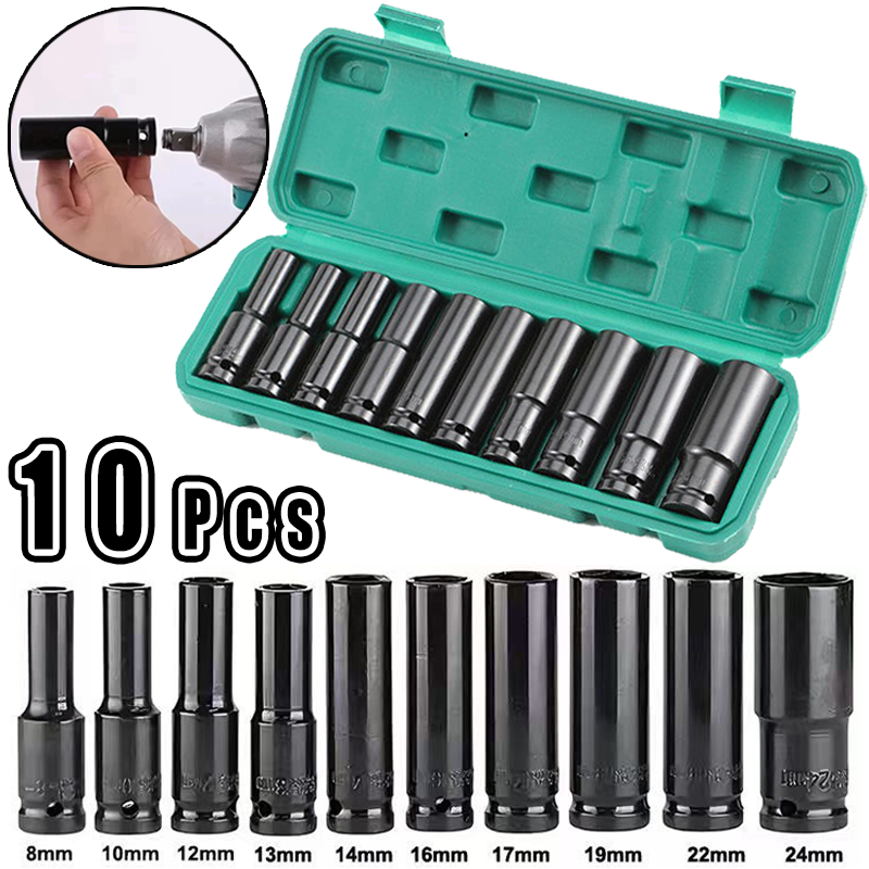 Jogo de Soquetes de Impacto Longo - 10PCS (8mm-24mm) Preto: Durabilidade e Versatilidade para Manutenção de Veículos