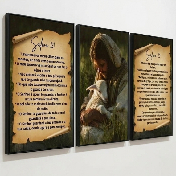 Quadros Decorativos Jesus Bom Pastor Ovelha Salmos 121 e 23 - Kit Trio 3 Peças - Decoração para Casa
