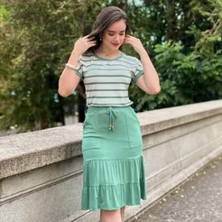 Conjunto Feminino Saia Midi E Blusa Manga Curta Moda Elegante E Casual Evangélica Envio Imediato