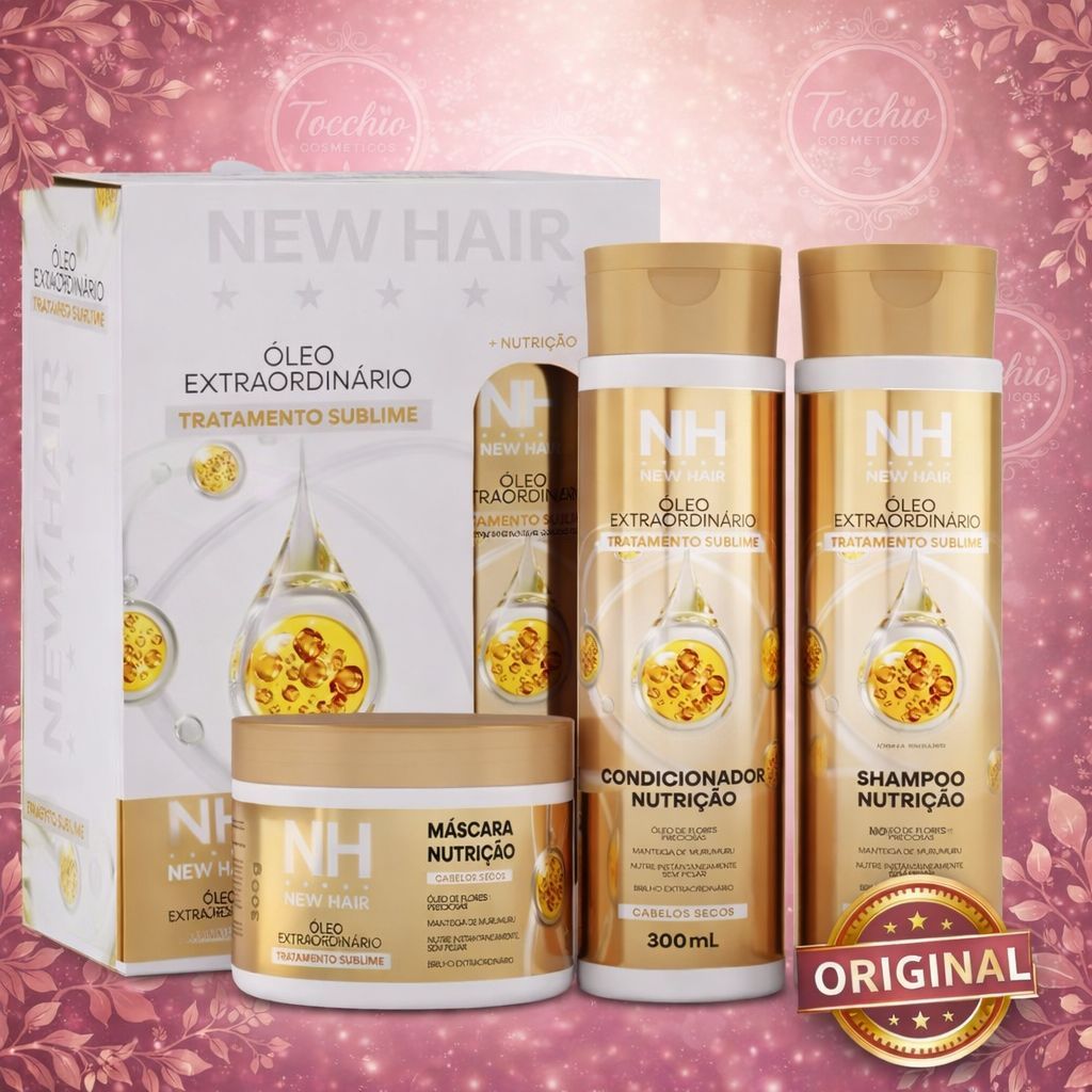 Kit Capilar Óleo Extraordinário NewHair BELKIT Shampoo Condicionador Máscara Nutrição Brilho Premium