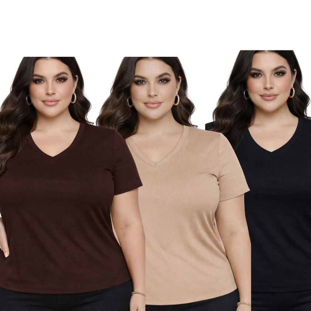 KIT 3 BLUSAS FEMININA PLUS SIZE  VICOLAYCRA GOLA V G1 G2 G3 BASICA CONFORTAVÉL em Oferta na Shopee