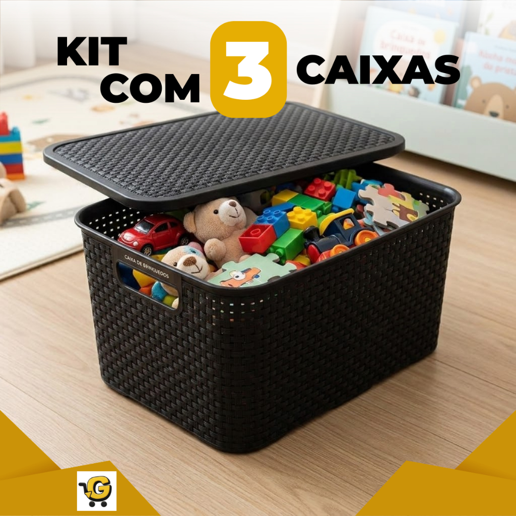 Kit 3 Cestos Rattan 7L com Tampa Organizadores Coloridos Multiuso