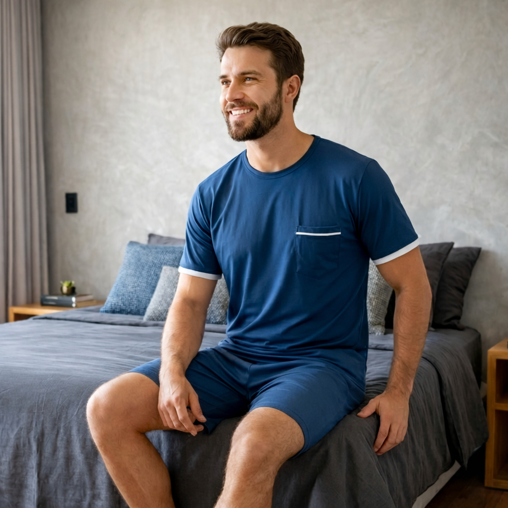 Pijama Masculino Adulto Verão Confortável Manga Short Blusa com Bolso Gola Redonda Fresco