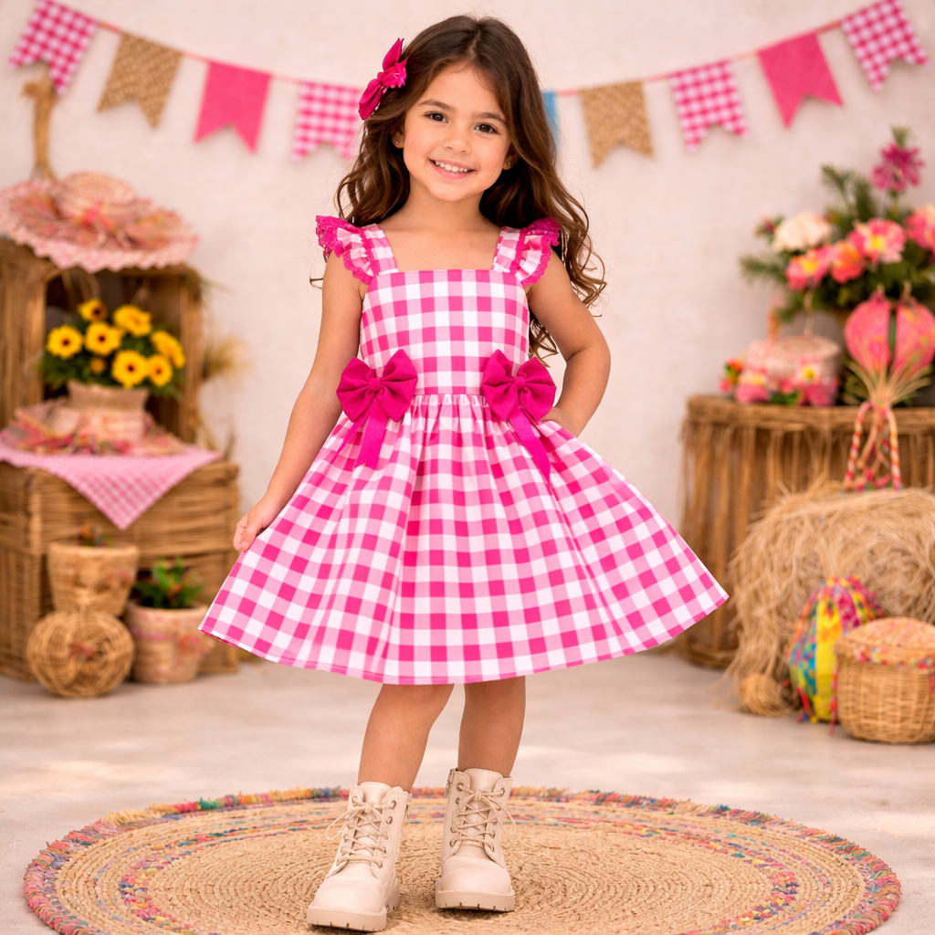 Vestido Infantil Natal Festa Junina Country São João Xadrez Laço Quadrilha Escola Mini Diva Nordeste