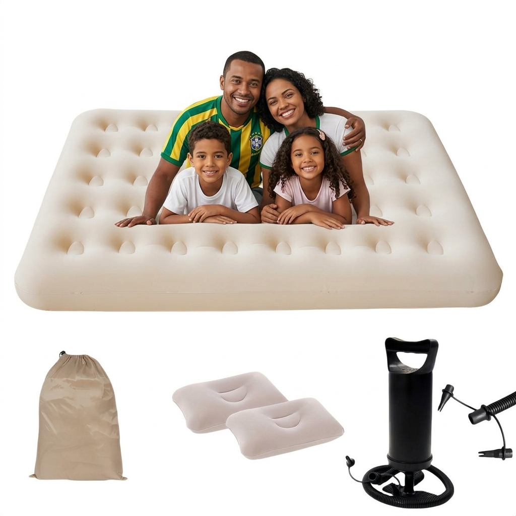 Colchão Inflável Dobrável para 3-4 Pessoas, com Bomba e Almofadas, Ideal para Camping em Oferta na Shopee