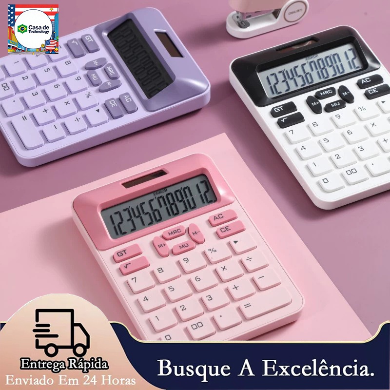 Calculadora com display LCD de 12 dígitos - 4 opções de cores, alimentada por energia solar