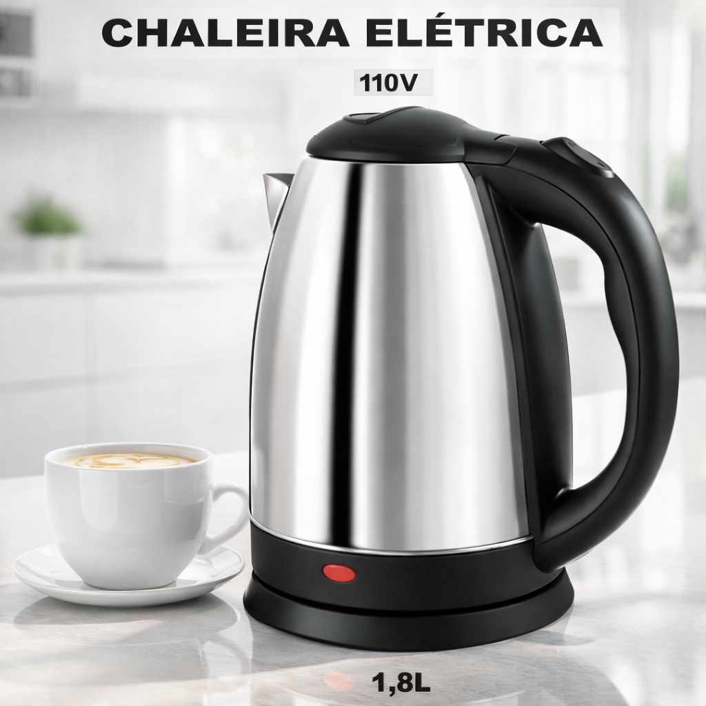 Chaleira Eletrica Inox 1.8L 127V 1000W Desligamento Automatico Base 360 Ideal Cafe Cha Ferve Água