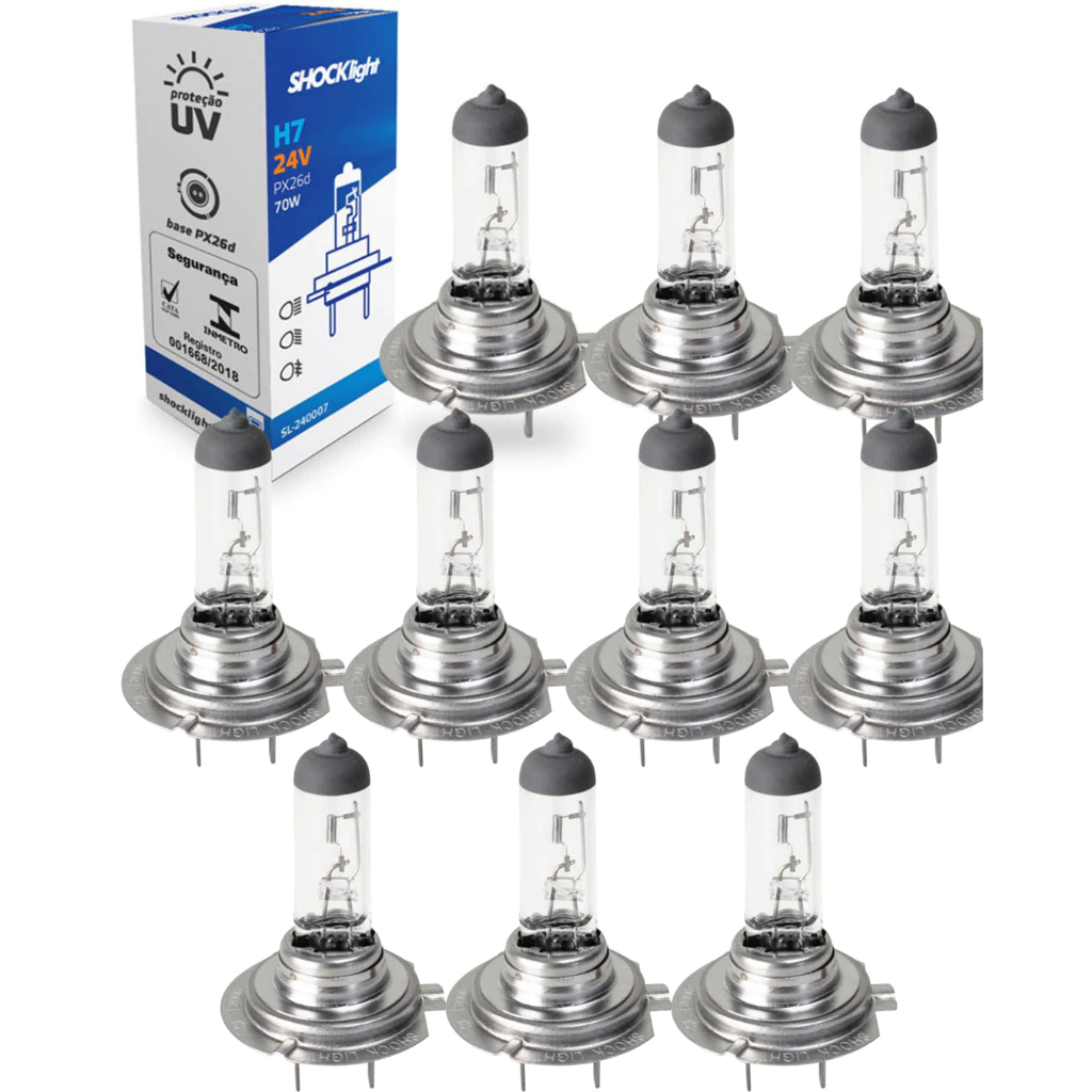 Kit 10 Lâmpadas Farol H7 Standart 24v 70w Halógenas Original UV Shocklight para Caminhão/Ônibus