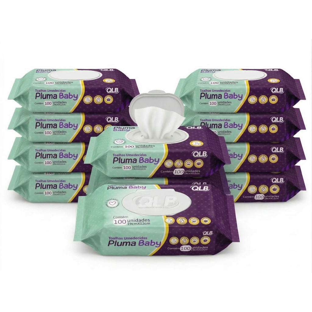 Caixa com 10 Lenços/Toalhas Umedecidas Pluma Baby c/ 100 Unidades Cada – Tampa FlipTop