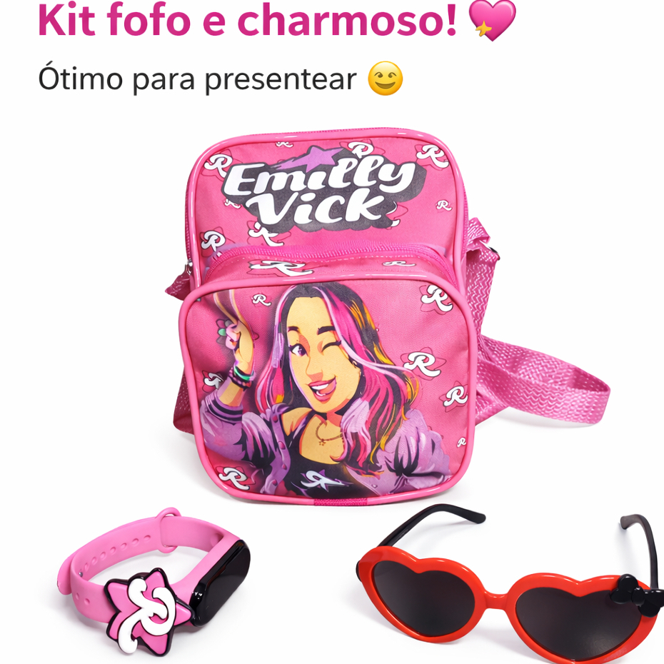Kit Infantil Emily Vick Bolsinha + Óculos Coração + Relógio Rosa Completo