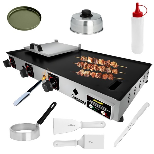 Chapa 80x40 C/ Prensa + Kit P/ Lanches 6 Acessórios Top Inox