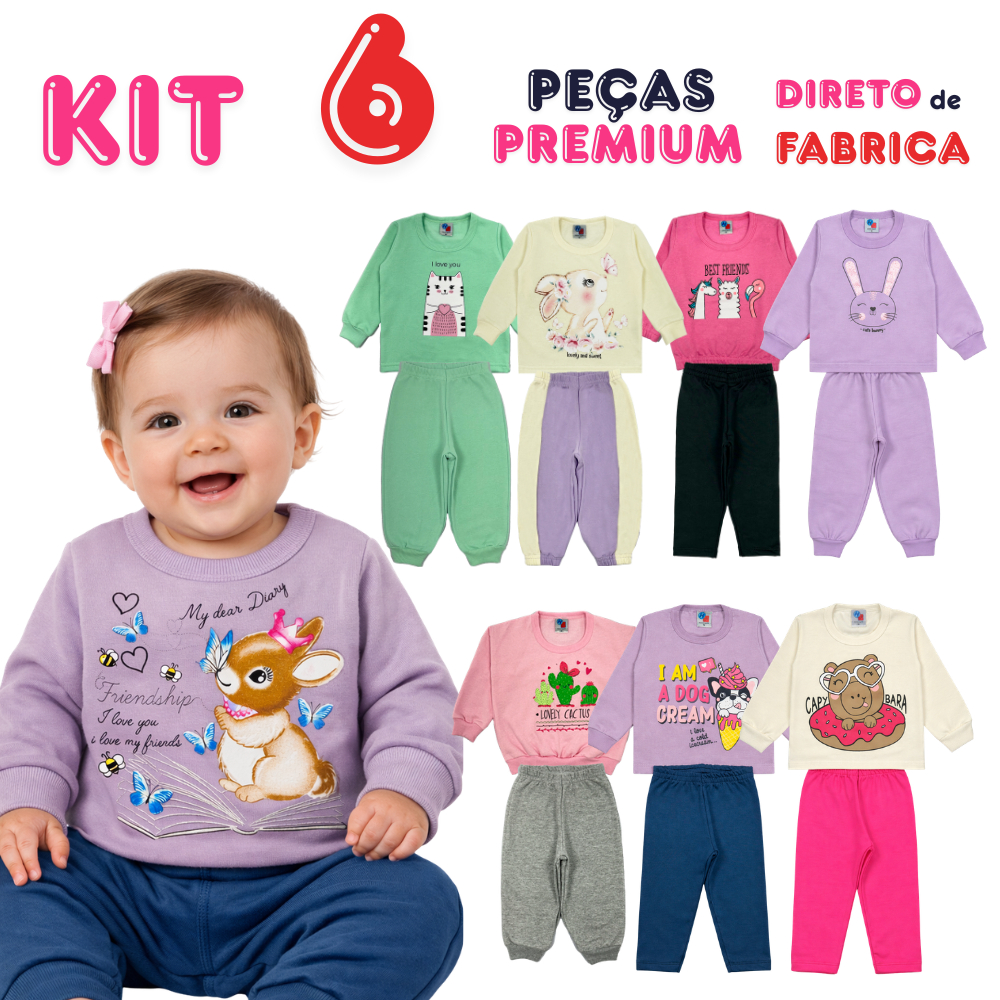 Kit 6 Peças Bebê Menina Inverno Moletom Felpado 3 Conjuntos Roupa Bebê Frio P M G 1 a 9 Meses