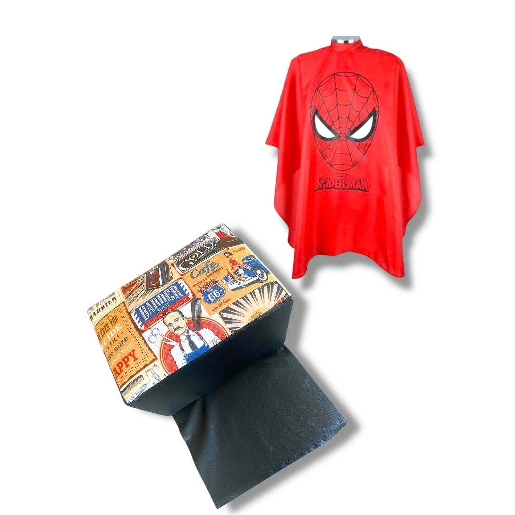 Kit Infantil Capa cetim + Puff de elevação Barbeiro / salão de beleza