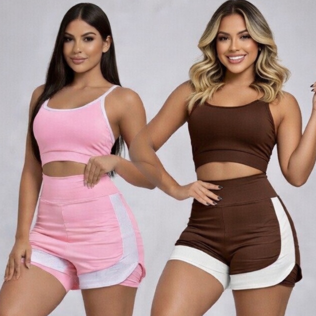 Conjunto Fitness Feminino Short Duplo Cintura Alta Academia Treino Roupa Fitness Top +Short Academia