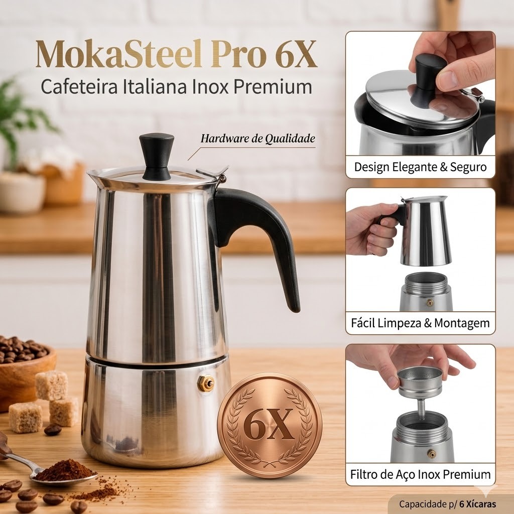 Cafeteira Italiana Inox 6 Xícaras | MokaSteel Pro 6X – Cafeteira Italiana Inox Premium