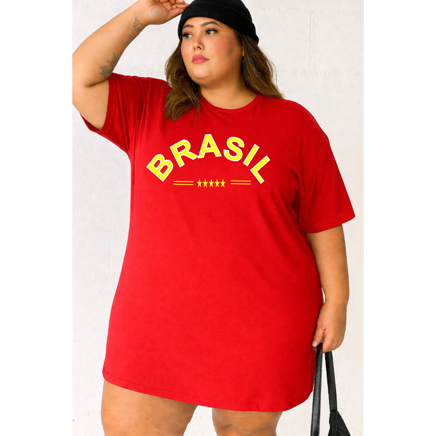 Camisetão e Vestido Brasil estrela torcida feminina moda plus size até o 64 copa