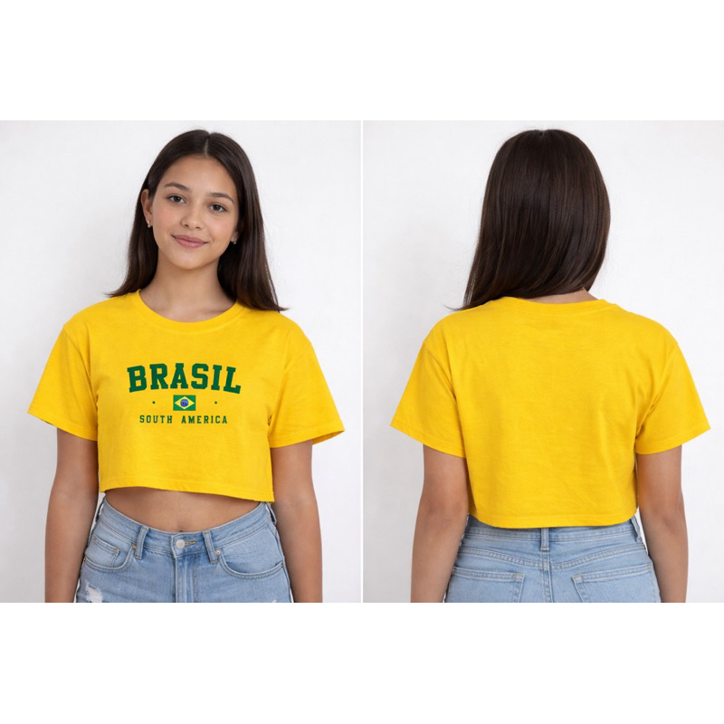 Blusa infantil juvenil menina Brasil Copa algodao Croped T-shirt manga curta