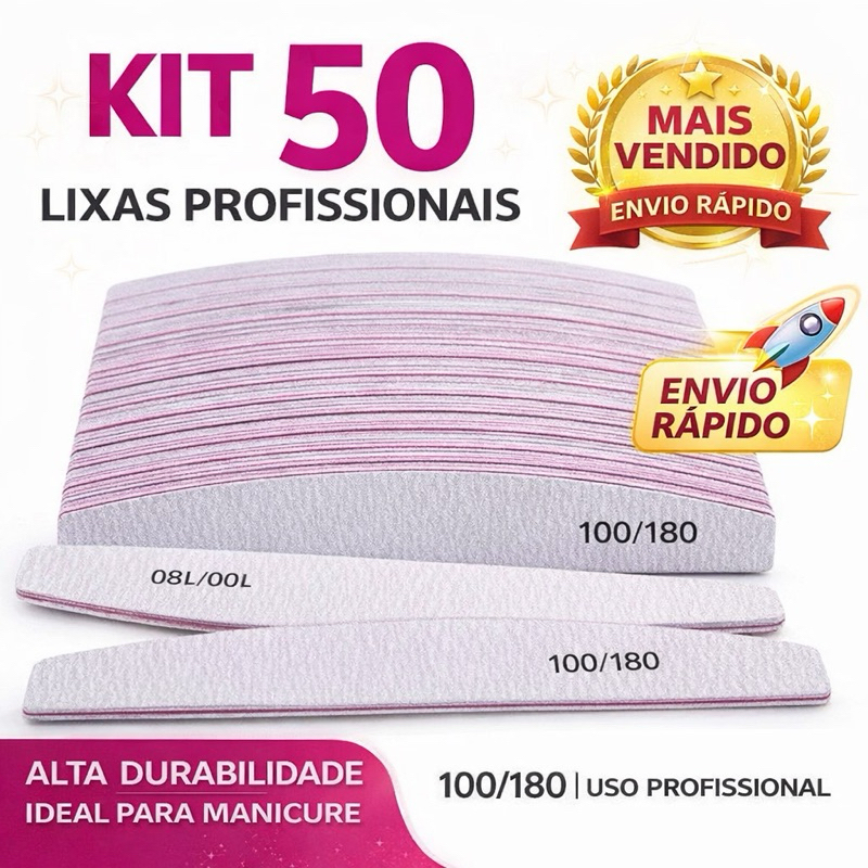 Lixa Bumerangue/Caixão 100/180 Profissional Unhas Gel Acrigel Fibra | Lixa Banana Manicure Pedicure | Kit 20 ou 50